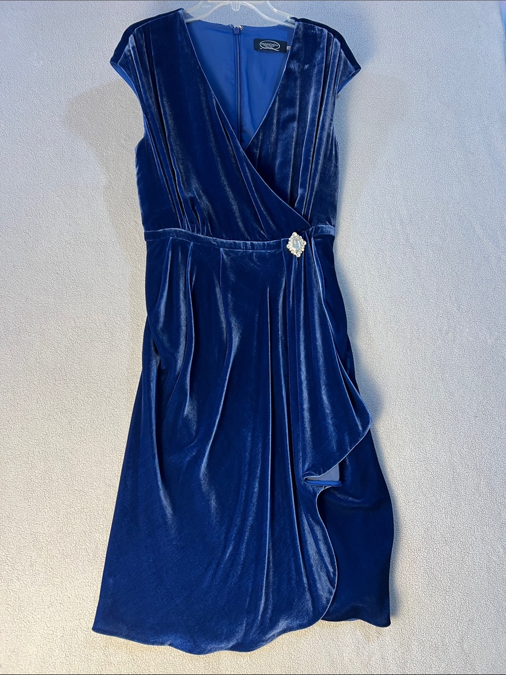 Magaschoni Navy Velvet Wrap Midi Dress with Waist Brooch